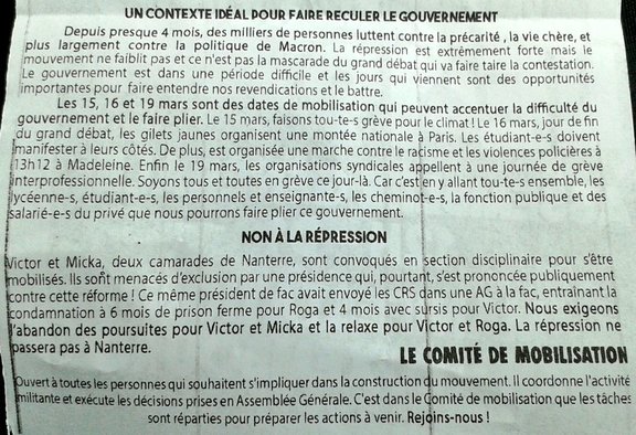 argumentaires contre la répression et défendant "un contexte idéal pour faire reculer le gouvernement". (Désolé je ne peux pas recopier le tract.)