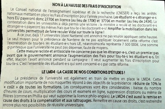 argumentaires contre la hausse des frais d'inscription et contre le LMD4. (Désolé je ne peux pas recopier le tract.)