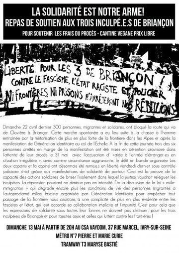 Tract. Repas de soutien aux trois inculpés de Briançon. Dimanche 13 mai au C.S.A. Vaydom