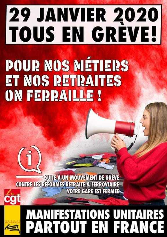 1 personne, texte qui dit ’29 JANVIER 2020 TOUS EN POUR NOS MÉTIERS ET NOS ON FERRAILLE! SUITE A UN MOUVEMENT DE CONTRE LES RÉFORMES RETRAITE & FERROVIAIRE VOTRE GARE EST FERMEÉ cgt MANIFESTATIONS UNITAIRES PARTOUT EN FRANCE’